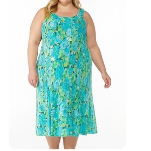 Catherines Blue Green Floral Pleated Sleeveless‎ Dress Size 32W